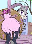 absurd_res anthro big_butt butt clothed clothing dessert digital_media_(artwork) disney doughnut female focus_on_ass food food_fetish food_play frosting giant_food grimace hi_res judy_hopps judy_stuck_in_donut_redraw lagomorph leporid looking_at_viewer macro mammal messy onomatopoeia pastry pink_frosting rabbit sebaku solo sound_effects sprinkles tail text wam zootopia