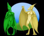  2021 3_toes anthro breasts digitigrade duo feet female genitals grass green_body hand_on_breast membrane_(anatomy) membranous_wings navel nipples nude plant pterodactylus pterosaur pussy red_eyes reptile scalie smile standing toes tomek1000 wings yellow_body 