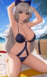  1girl absurdres armpits arms_behind_head arms_up azur_lane bangs bare_shoulders beach bikini blue_bikini blue_bow blue_sky blunt_bangs blush bow bracelet breasts cleavage collarbone grey_eyes grey_hair hair_bow highres jewelry large_breasts looking_at_viewer navel necklace palm_tree ponytail sitting sky smile swimsuit thighs tree vittorio_veneto_(azur_lane) vittorio_veneto_(the_flower_of_la_spezia)_(azur_lane) wariza zaphn 