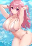  1girl :o ana_(vvvvor) armpits bikini breasts cross cross_necklace front-tie_bikini front-tie_top jewelry large_breasts necklace original pink_eyes pink_hair side-tie_bikini solo standing swimsuit swimwear water wavy_hair 