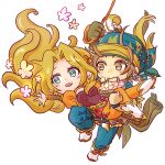  1boy 1girl blonde_hair blue_pants boots breasts brown_hair carrying celes_chere chibi earrings feather_hair_ornament feathers final_fantasy final_fantasy_vi flower flower_basket gold_trim green_eyes grey_eyes hair_flower hair_ornament headscarf jasmine_82 jewelry light_blush locke_cole long_hair medium_breasts orange_pants pants parted_bangs princess_carry puffy_short_sleeves puffy_sleeves sash short_hair short_sleeves swinging transparent_background waist_sash white_footwear 