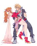  1boy 1girl absurdres aerith_gainsborough aerith_gainsborough_(terra&#039;s_garb) aqua_eyes bangle bare_shoulders black_gloves black_jacket black_pants blonde_hair blue_headband boots bracelet breasts cloud_strife cloud_strife_(locke&#039;s_outfit) cosplay detached_sleeves dip_(dance_move) dress earrings eyeshadow final_fantasy final_fantasy_vi final_fantasy_vii final_fantasy_vii_ever_crisis full_body gloves gradient_cape green_eyes grey_footwear hand_on_another&#039;s_back headband highres holding_hands jacket jewelry locke_cole locke_cole_(cosplay) long_hair looking_at_another makeup medium_breasts necklace orange_hair pants pantyhose ponytail popped_collar print_pantyhose print_shirt red_dress red_eyeshadow red_footwear red_lips red_sleeves sash shanlieart shirt short_hair short_sleeves spiked_hair strapless strapless_dress terra_branford terra_branford_(cosplay) tube_dress waist_sash wavy_hair 