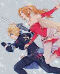  1boy 1girl aerith_gainsborough aerith_gainsborough_(terra&#039;s_garb) aqua_eyes bangle bare_shoulders black_gloves black_jacket black_pants blonde_hair blue_headband boots bracelet breasts cape cloud_strife cloud_strife_(locke&#039;s_outfit) cosplay dress earrings feet_out_of_frame fighting_stance final_fantasy final_fantasy_vi final_fantasy_vii final_fantasy_vii_ever_crisis floral_print gloves gold_trim green_eyes grey_background hair_bobbles hair_ornament hair_ribbon headband highres holding holding_sword holding_weapon jacket jewelry locke_cole locke_cole_(cosplay) long_hair medium_breasts nail_polish official_alternate_costume orange_hair pants pantyhose parted_bangs parted_lips ponytail print_dress print_pantyhose red_dress red_footwear red_lips red_nails red_sleeves ribbon sash shanlieart short_hair sidelocks sleeves_rolled_up snow spiked_hair strapless strapless_dress sword terra_branford terra_branford_(cosplay) tube_dress waist_sash wavy_hair weapon 