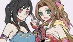  2girls aerith_gainsborough aerith_gainsborough_(terra&#039;s_garb) arm_strap bare_shoulders black_hair blue_shirt breasts brown_hair cape cleavage closed_mouth collarbone commentary_request cosplay dress final_fantasy final_fantasy_vi final_fantasy_vii final_fantasy_vii_ever_crisis gloves green_eyes hair_ribbon halterneck high_ponytail highres hiyunagi holding holding_staff large_breasts long_hair looking_at_viewer multiple_girls official_alternate_costume open_mouth parted_bangs pink_ribbon red_dress red_eyes red_gloves ribbon sabin_rene_figaro sabin_rene_figaro_(cosplay) shirt small_breasts smile staff strapless strapless_dress terra_branford terra_branford_(cosplay) tifa_lockhart tifa_lockhart_(sabin&#039;s_style) upper_body yellow_cape 