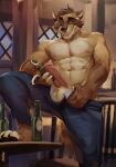  abs anthro balls beer_bottle blep bodily_fluids bottle brown_body brown_fur chair erection fur furniture genital_fluids genitals hi_res humanoid_genitalia humanoid_penis looking_at_viewer male mammal multicolored_body multicolored_fur muscular muscular_anthro muscular_male mystikfox61 nipples pawpads pecs penis precum procyonid raccoon retracted_foreskin smile solo table tan_body tan_fur tongue tongue_out two_tone_body two_tone_fur 