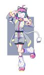  1girl absurdres ahoge animal_ear_headphones animal_ears animal_print arm_belt belt black_belt blunt_bangs blunt_ends cat_ear_headphones cat_print commentary dot-matrix electric_plug electric_plug_tail fake_animal_ears flat_chest full_body grey_shirt grey_shorts hands_up headphones highres leg_warmers legs long_sleeves love_live! love_live!_nijigasaki_high_school_idol_club nanarokushiki neon_trim one_eye_closed pink_footwear pink_hair rina-chan_board shirt shorts sidelocks simple_background smile solo standing standing_on_one_leg tail tennoji_rina tsunagaru_connect_(love_live!) white_leg_warmers 
