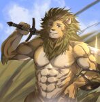  abs anthro brown_eyes dr.whiger felid hi_res joshua_(joshua_and_the_promised_land) joshua_and_the_promised_land lion male mammal mane melee_weapon muscular muscular_male nipples pantherine shield smile solo sword weapon 
