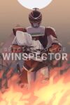  1boy absurdres carrying copyright_name fire fire_(winspector) headset highres jinri_shijie looking_down metal_hero power_armor science_fiction solo_focus tokkei_winspector tokusatsu visor 