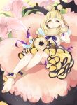  1girl antennae bangs barefoot bee blonde_hair blush bow braid briar_rose_(sinoalice) bug doll flower fur_collar fur_trim hairband highres insect one_eye_closed open_mouth pink_flower short_hair sinoalice solo thorns tired wings yellow_eyes yuna726 