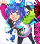  1girl :d animal_ears arms_up bangs black_legwear blue_eyes blue_hair blurry blurry_background character_name depth_of_field green_footwear hair_between_eyes heterochromia highres horse_ears jacket kabocha_(monkey4) long_hair looking_at_viewer multicolored_hair open_mouth outstretched_arms pantyhose purple_eyes sharp_teeth shoes smile solo stuffed_animal stuffed_bunny stuffed_toy teeth thick_eyebrows twin_turbo_(umamusume) two-tone_hair umamusume very_long_hair white_jacket 