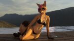  2:3 3d_(artwork) anthro bikini breasts canid canine canis claws clothed clothing digital_media_(artwork) female fox fur hair hi_res impreza mammal multicolored_body open_mouth outside pink_hair poolside simple_background smile solo swimwear tan_body tan_fur tridognait water 