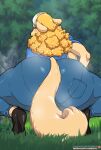  anthro big_butt blonde_hair blush butt canid canine clothed clothing detailed_background female hair hi_res huge_butt lollipopcon mammal minkmen_(one_piece) one_piece outside solo wanda_(one_piece) 