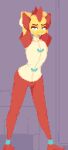  animal_humanoid arms_above_head bedroom_eyes blue_eyes bottomwear clothed clothing corsic digital_media_(artwork) dragon dragon_humanoid girly hair hands_behind_head humanoid male narrowed_eyes pants pixel_(artwork) pose red_bottomwear red_clothing red_hair red_pants seductive solo standing uglycoal 