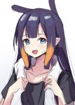  1girl bangs blue_eyes blunt_bangs desutruction hololive hololive_english long_hair looking_at_viewer ninomae_ina&#039;nis open_mouth pointy_ears purple_hair shirt solo sweat tentacle_hair towel virtual_youtuber 