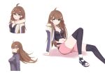  1girl bangs black_legwear breasts chirun0 english_commentary highres jacket legs long_hair looking_at_viewer medium_breasts midriff multiple_views navel open_clothes open_jacket pink_shorts shion_uzuki shorts sitting smile thighhighs xenosaga 