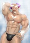  1boy abs absurdres animal_ears bara black_male_underwear briefs brown_fur bulge chest_hair cow_ears cow_horns cowboy_shot furry hand_on_own_head highres horns keijimohumohu large_pectorals looking_at_viewer male_focus male_underwear minotaur muscular muscular_male navel nipples pectorals purple_eyes purple_horns shennong_(tokyo_houkago_summoners) short_hair shower_(place) showering smile solo stomach thick_thighs thighs tokyo_houkago_summoners underwear underwear_only white_hair 