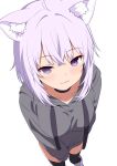  1girl :3 absurdres ahoge alternate_costume animal_ear_fluff animal_ears black_choker black_hoodie black_thighhighs cat_ears cat_girl choker highres hololive hood hoodie kishishi_(kishiman-ya) looking_at_viewer nekomata_okayu purple_eyes purple_hair short_hair smile solo thighhighs virtual_youtuber white_background 