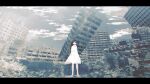  1girl arms_behind_back bare_legs black_eyes black_hair building bush chromatic_aberration cityscape commentary dress facing_viewer highres letterboxed long_hair meola original ruins sandals scenery sky skyscraper tree white_dress 