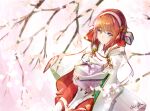  1girl blurry box cherry_blossoms clear_glass_(mildmild1311) depth_of_field fire_emblem fire_emblem_fates hairband highres holding holding_box japanese_clothes light_rays long_sleeves looking_at_viewer obentou outdoors pink_eyes red_hair sakura_(fire_emblem) signature smile solo tree twitter_username 