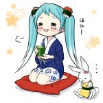  ... 1girl 1other =3 =_= abbreviated_karakusa aqua_hair blue_kimono blush borrowed_design bunny cup cushion face_painting floral_background food food_themed_hair_ornament full_body ginger gradient_hair green_tea hair_ornament hatsune_miku holding holding_cup japanese_clothes kimono kotobuki0101 long_hair makizushi multicolored_hair nigirizushi open_mouth rabbit_yukine roe seiza shorts sitting smile steam sushi tea teacup twintails vocaloid white_background white_shorts yuki_miku 