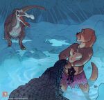  2021 ambiguous_gender angart_(artist) anthro baryonyx black_nose bottomwear bracelet brown_body brown_fur clothed clothing dinosaur duo eye_contact feet_in_water fishing fishing_net fur hi_res holding_net jewelry loincloth looking_at_another lutrine male mammal mustelid necklace net night open_mouth partially_submerged reptile scalie sharp_teeth signature spinosaurid standing teeth text theropod tooth_necklace topless topless_male tribal url water worried 