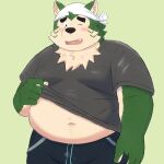  2021 anthro black_nose blush bottomwear canid canine canis clothing domestic_dog fur green_body green_fur hi_res kemono live-a-hero male mammal mokdai one_eye_closed overweight overweight_male pants shirt simple_background solo topwear video_games wink yaki_atsuage 