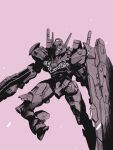  beam_saber commentary energy_gun gundam gundam_lfrith gundam_suisei_no_majo highres holding holding_weapon looking_ahead mecha mecha_focus mobile_suit monochrome no_humans nsclark98 pink_background robot science_fiction sheath sheathed shield simple_background solo weapon weapon_on_back 