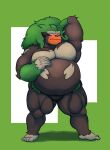  5_fingers 5_toes absurd_res anthro barefoot belly big_belly big_muscles bluejeff24 blush brown_body brown_fur feet fingers fur green_background green_hair hair hand_behind_head hi_res jeffieb19 leaf leaf_hair long_hair looking_at_viewer male musclegut muscular muscular_anthro muscular_male muscular_thighs nintendo nude orange_eyes overweight overweight_anthro overweight_male pecs plant plant_hair pok&eacute;mon pok&eacute;mon_(species) pseudo_hair rillaboom shadow simple_background solo standing thick_thighs toes video_games 