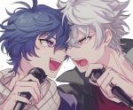  2boys argonavis_from_bang_dream! asahi_nayuta bang_dream! blue_hair face-to-face fang highres himishiro holding holding_microphone male_focus microphone multiple_boys nanahoshi_ren open_mouth purple_eyes red_eyes scarf upper_body white_hair 