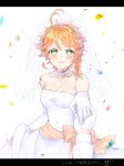  1girl ahoge closed_mouth dress emma_(yakusoku_no_neverland) green_eyes highres number_tattoo orange_hair short_hair smile tattoo tp82n1r white_background white_dress yakusoku_no_neverland 