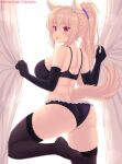  1girl :p animal_ear_fluff animal_ears ass bangs bare_shoulders black_bra black_gloves black_legwear black_panties blonde_hair blush bra breasts cat_ears cat_girl cat_tail curtains elbow_gloves eyebrows_visible_through_hair foot_up from_behind gloves hair_ornament hair_scrunchie highres large_breasts long_hair looking_at_viewer looking_back nottytiffy original panties patreon_username ponytail red_eyes scrunchie slit_pupils solo tail thighhighs thighs tiffy_(nottytiffy) tongue tongue_out underwear 