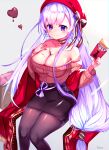  1girl alternate_hair_color azur_lane bangs bare_shoulders belfast_(azur_lane) belfast_(shopping_with_the_head_maid)_(azur_lane) black_legwear black_skirt breasts choker cleavage collarbone commentary_request earrings eyebrows_visible_through_hair food hat heart highres holding jewelry kyarameru76 large_breasts long_hair long_sleeves looking_at_viewer miniskirt object_on_breast off-shoulder_sweater off_shoulder pantyhose pocky purple_eyes purple_hair sidelocks signature simple_background sitting skirt smile solo sweater 