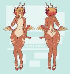  anthro antlers autumn_(demonagogue) blonde_hair breasts brown_body brown_fur butt cervid cloven_hooves digital_media_(artwork) english_text feathered_wings feathers female fur hair hi_res hip_wings hooves horn looking_at_viewer mammal markings model_sheet nikoyishi nipples nude pear-shaped_figure ribbons simple_background small_breasts solo spread_wings tan_body tan_fur text wide_hips wings 