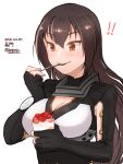  ! !! 1girl black_gloves black_hair bobokuboboku breasts character_name cleavage commentary_request dated eating fingerless_gloves food fruit glass gloves ice_cream kantai_collection long_hair nagato_(kancolle) one-hour_drawing_challenge red_eyes simple_background solo spoon strawberry sundae twitter_username upper_body white_background 