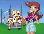  anthro blonde_hair bovid bovine brand branding_iron breasts brown_hair cattle clothing collar cowbell duo ear_tag female freckles hair holstein_friesian_cattle hooves human mammal monkeycheese nipples open_mouth overalls restrained 