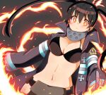  1girl :&lt; baggy_pants bangs bikini bikini_top black_background black_bikini black_coat black_hair blush breasts cleavage closed_mouth coat collarbone commentary cowboy_shot dutch_angle en&#039;en_no_shouboutai eyebrows_visible_through_hair fiery_ears fiery_tail fire gloves grey_pants hair_between_eyes highres hip_vent long_hair looking_at_viewer medium_breasts metal_gloves midriff navel open_clothes open_coat pants sidelocks simple_background solo standing swimsuit tail tamaki_kotatsu twintails visor_(armor) yellow_eyes yun_(ctue5378) 