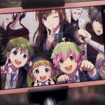  12abytz 6+boys ahoge black_hair blue_eyes blue_necktie blunt_bangs braid brown_eyes brown_hair child collared_shirt fingernails green_eyes green_hair hair_between_eyes hair_ornament hairpin hat highres himeno_kanon idolmaster idolmaster_side-m kitamura_sora kuzunoha_amehiko long_hair long_sleeves looking_at_viewer male_focus mizushima_saki mole mole_under_eye multicolored_hair multiple_boys necktie nekoyanagi_kirio one_eye_closed otoko_no_ko pink_hair school_uniform selfie shirt takajo_kyoji teeth upper_teeth_only uzuki_makio v white_hair 