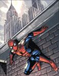  1boy bodysuit boots chrysler_building commission english_commentary gloves kieran_oats looking_at_viewer male_focus marvel mask new_york_city red_bodysuit red_footwear red_gloves ryan_stegman solo spider-man spider-man_(series) spider_web_print superhero_costume 