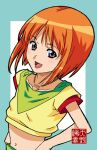  1girl amano_yoki crop_top elpeo_puru gundam gundam_zz midriff navel open_mouth orange_hair purple_eyes smile solo upper_body 