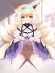  1girl :o animal_ear_fluff animal_ears arknights bare_shoulders blonde_hair blue_hairband bow bow_panties braid commentary_request fox_ears fox_girl fox_tail frilled_skirt frills hair_rings hairband hawawa highres kyuubi lifted_by_self looking_at_viewer multiple_tails panties parted_lips purple_skirt shirt sitting skirt skirt_lift solo suzuran_(arknights) tail thighhighs twin_braids underwear wariza white_legwear white_panties white_shirt 