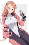  1girl aida_rayhunton arm_support blue_eyes bodysuit border breasts campbell_xx center_opening commentary_request covered_navel grey_background gundam gundam_g_no_reconguista hairpods hand_up highres holding_tumbler large_breasts long_hair looking_at_viewer mecha_pilot_suit orange_hair outside_border pink_bodysuit sitting solo tumbler white_bodysuit white_border 