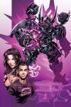  1boy 1girl alex_milne artist_collaboration barricade_(transformers) black_shirt breasts brown_eyes brown_hair cleavage comic_cover cover_image decepticon english_commentary frown glowing glowing_eyes hair_slicked_back kieran_oats looking_at_viewer mecha mecha_focus medium_breasts mikaela_banes official_art open_hand parted_lips pink_shirt red_eyes robot sam_witwicky shirt transformers transformers_(2007_film) transformers_(live_action) western_comics_(style) 