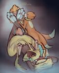 3_toes ambiguous_gender anthro ass_up big_feet blush buizel covering covering_face digitigrade face_in_ass feet foot_fetish foot_focus foot_lick foot_play front_view generation_4_pokemon generation_7_pokemon group legendary_pokemon licking long_feet miii_cho multi_tail nintendo pawpads paws pokemon pokemon_(species) size_difference squish tail toes tongue wide_hips worship zeraora