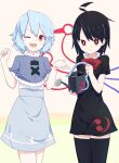 2girls ;d asymmetrical_wings bangs black_dress black_hair black_legwear blue_capelet blue_hair blue_skirt blue_wings bow bowtie bright_pupils capelet closed_mouth commentary_request cookie_(touhou) cowboy_shot dress frilled_dress frills highres holding holding_watering_can houjuu_nue konfu_nodashino_bubun looking_at_viewer meimei_(cookie) mioto_(cookie) multiple_girls one_eye_closed open_mouth red_bow red_eyes red_neckwear red_wings shirt short_dress short_hair short_sleeves skirt smile snake tatara_kogasa thighhighs touhou watering_can white_pupils white_shirt wings 