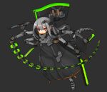  1girl android axe commentary dagger dual_wielding energy_sword extra_arms grey_hair highres holding long_hair mecha orange_eyes original ran_system simple_background sword tail weapon whip 