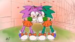  &lt;3 amy_rose bottomwear chocobochickfantasy classic_amy_rose classic_sonic_(universe) clothing duo eulipotyphlan eyes_closed female fur gloves green_body green_fur handwear hedgehog hi_res hug mammal open_mouth pink_body pink_fur ribbons skirt smile sonic_robo_blast_2 sonic_the_hedgehog_(series) 