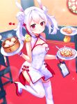  1girl absurdres alternate_costume alternate_hairstyle animal_ears azur_lane bangs baozi bird blurry breasts bunny_ears carrying chair chick china_dress chinese_clothes cleavage collarbone commentary_request depth_of_field detached_collar double_bun dress dumpling eyebrows_visible_through_hair fake_animal_ears food hair_ornament high_heels highres kyarameru76 laffey_(azur_lane) long_hair looking_at_viewer manjuu_(azur_lane) mapo_tofu menu name_tag parted_lips pen plate red_eyes red_footwear restaurant sidelocks small_breasts spoon thighhighs translation_request tray twintails walking white_hair white_legwear wrist_cuffs zettai_ryouiki 