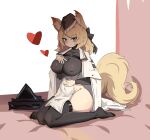  &lt;3 2020 animal_humanoid arknights bed big_breasts blonde_hair blue_eyes breasts butt clothed clothing coat female fluffy fluffy_tail fur furniture hair hand_on_breast headgear headwear hi_res humanoid hypergryph inner_ear_fluff kneeling legwear looking_at_viewer mammal mammal_humanoid nipple_outline smile solo studio_montagne thigh_highs topwear tuft video_games whislash_(arknights) white_body white_fur xu_xuxu 