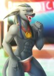  abs absurd_res anifansy anthro bulge canid canine canis clothed clothing genital_outline hi_res jackal male mammal medal muscular muscular_male pecs penis_outline solo topless yellow_eyes 