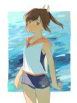  1girl bangs blue_swimsuit blush brown_eyes brown_hair highres i-401_(kancolle) kantai_collection kumofuki looking_at_viewer one-piece_swimsuit open_mouth orange_sailor_collar ponytail sailor_collar simple_background sleeveless solo sweat swimsuit swimsuit_under_clothes water 
